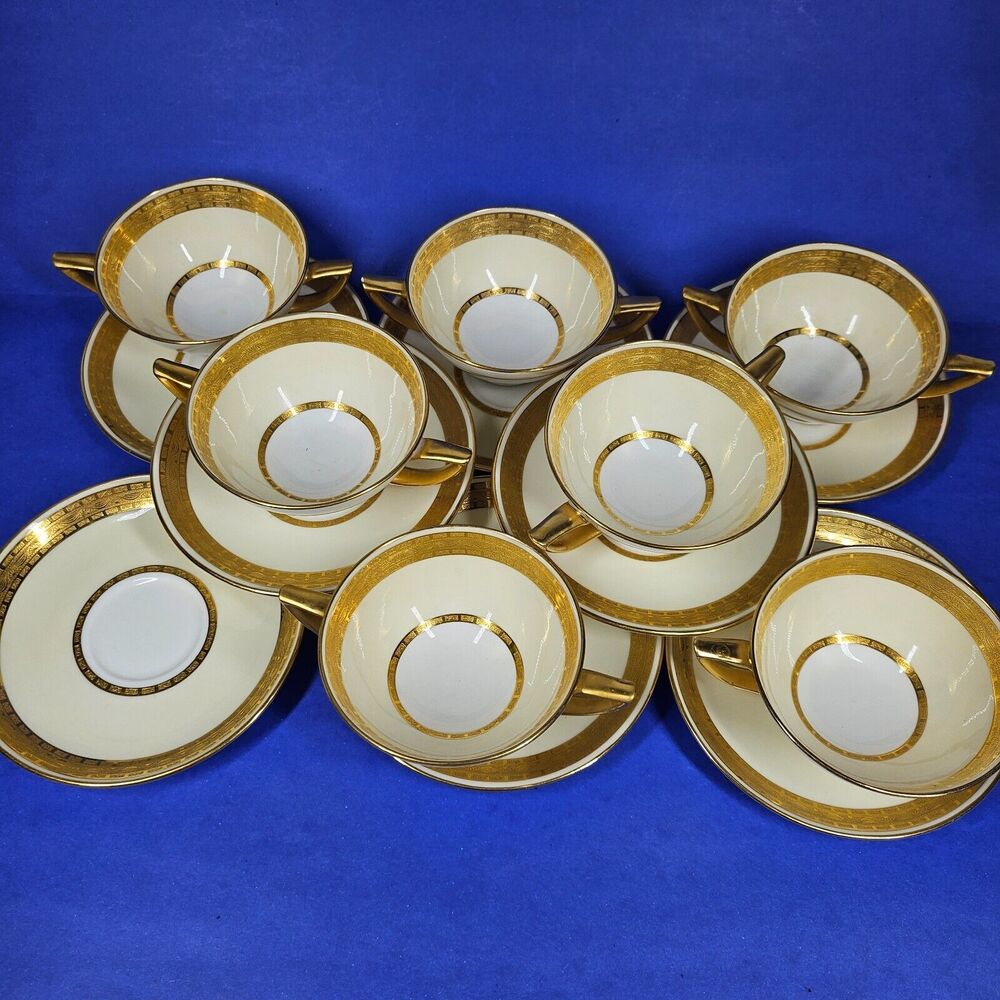 Minton Embassy - 7 Two Handled Cream Soup Bowls w/Saucers Gold Encrusted Rim